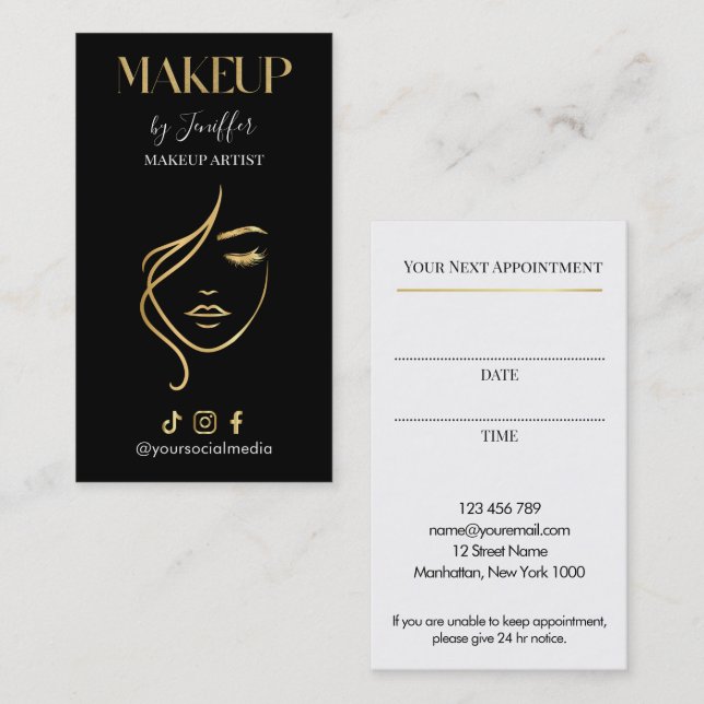 Luxury Black & Gold Makeup Appointment Card Terminkarte (Vorne/Hinten)