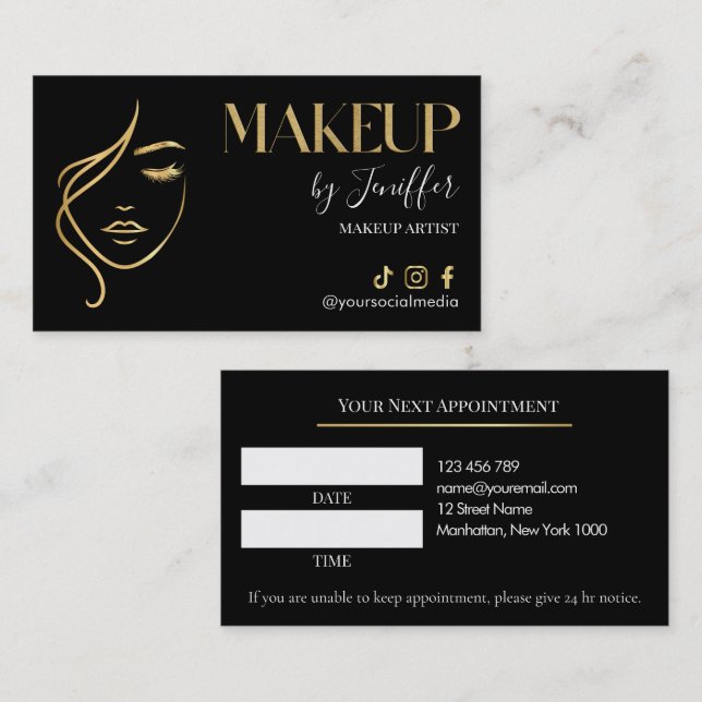 Luxury Black & Gold Makeup Appointment Card Terminkarte (Vorne/Hinten)