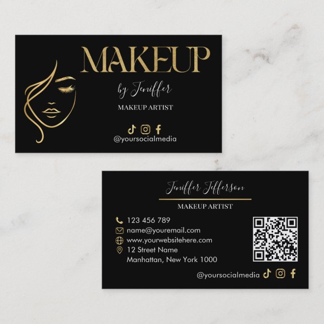 Luxury Black & Gold Makeup artist Bussines card Visitenkarte (Vorne/Hinten)