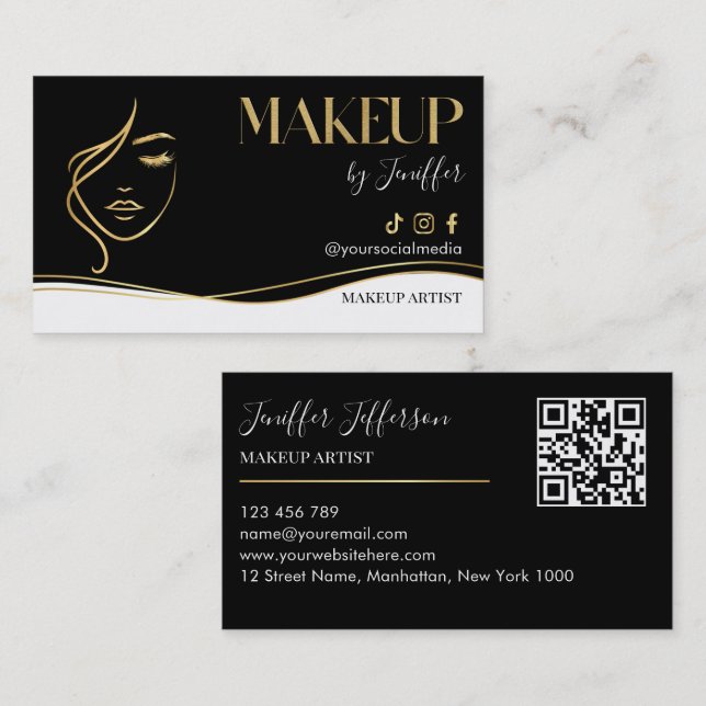 Luxury Black & Gold Makeup artist Bussines card Visitenkarte (Vorne/Hinten)
