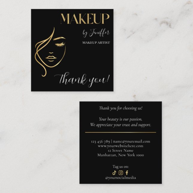 Luxury Black & Gold Makeup Thank you Card Treuekarte (Vorne/Hinten)