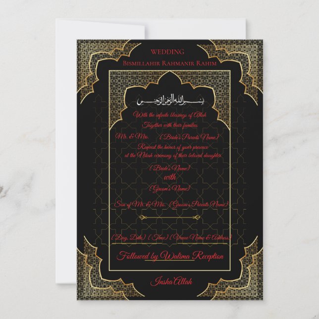 Luxury Black & Gold Muslim Wedding Invitation Einladung (Vorderseite)