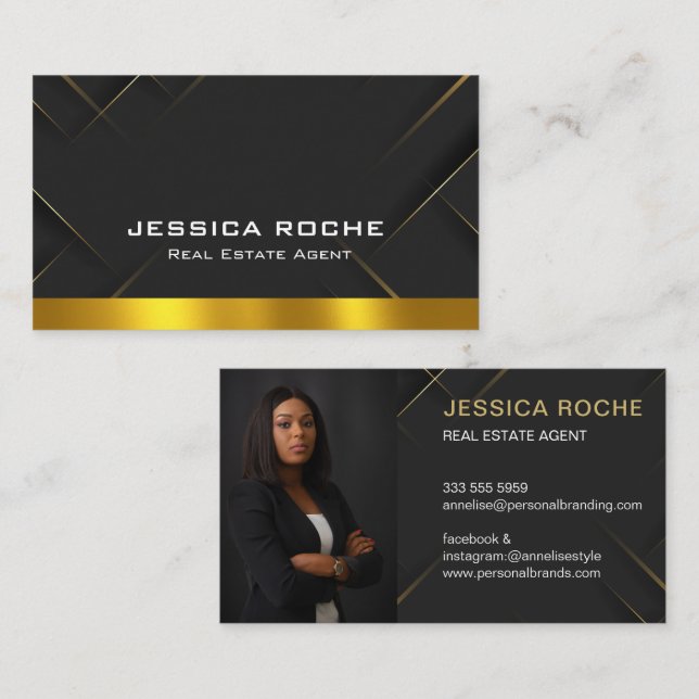 Luxury Black Gold Photo Real Estate Agent QR Code  Visitenkarte (Vorne/Hinten)