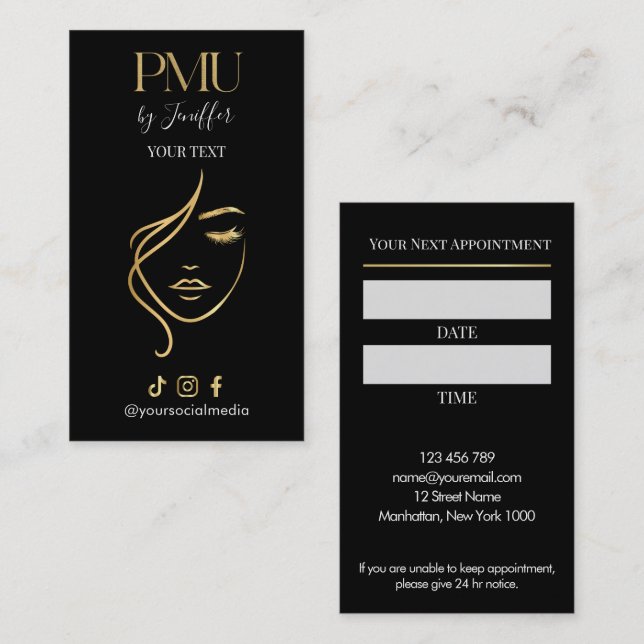 Luxury Black & Gold PMU Appointment Card Terminkarte (Vorne/Hinten)