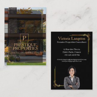 Luxury Black Gold Real Estate Photo Monogram Visitenkarte