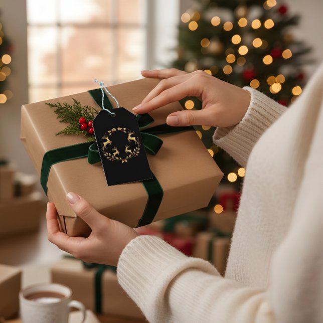 Luxury Black & Gold Reindeer Christmas Gift Tag Geschenkanhänger (Von Creator hochgeladen)