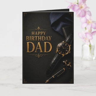 Luxury Black & Gold Watch & Fountain Pen Birthday Karte