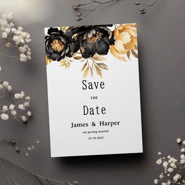 Luxury black ivory gold peony floral Save the Date Einladung (Luxury black ivory gold peony floral Save the Date)