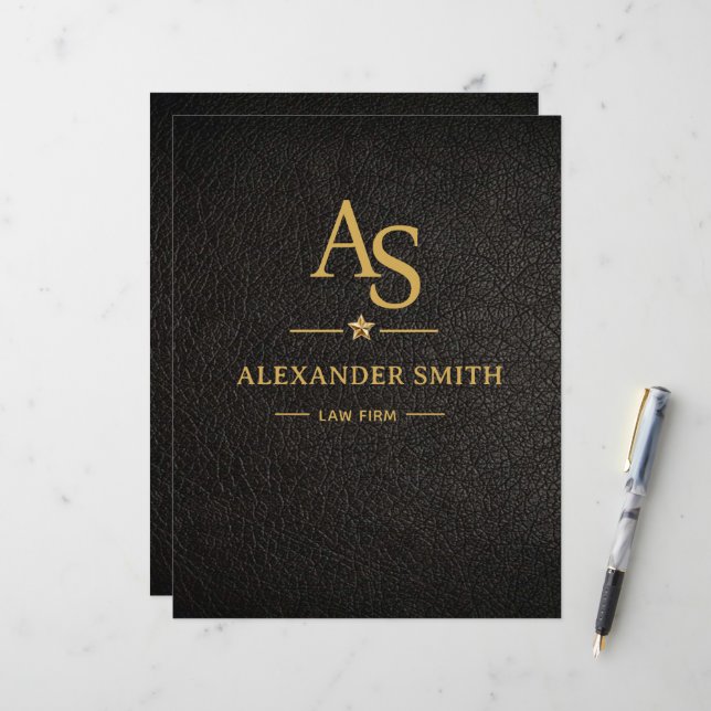Luxury Black Leather Gold Monogram Business Brand Briefbogen (Vorderseite/Rückseite Beispiel)