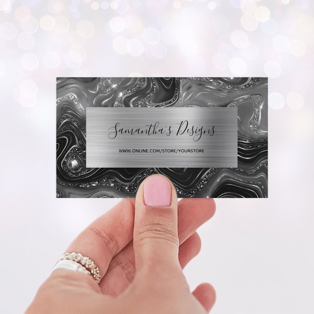 Luxury Black Marble Agate Glam Silver Foil Visitenkarte (Luxury Black Marble Agate Glam Silver Foil Business Card)