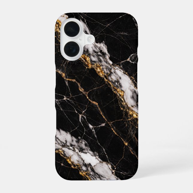 Luxury Black Marble Gold Vein Phone Case iPhone 16 Hülle (Rückseite)