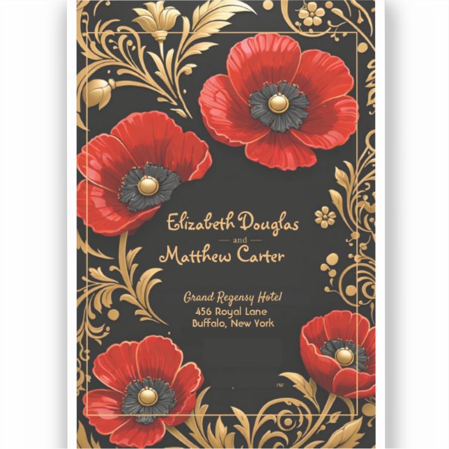 Luxury Black Red and Gold Floral Wedding  Aufkleber (Vorderseite)