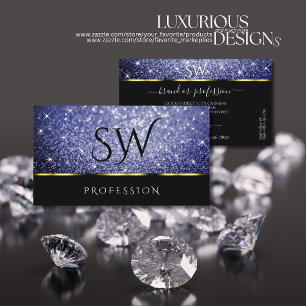 Luxury Black Shimmery Royal Blue Glitzer Initials Visitenkarte