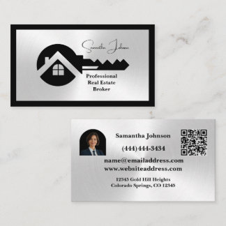 Luxury Black & Silver QR Code Photo Real Estate  Visitenkarte