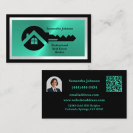 Luxury Black & Turquoise QR Code Photo Real Estate Visitenkarte