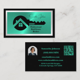 Luxury Black & Turquoise QR Code Photo Real Estate Visitenkarte