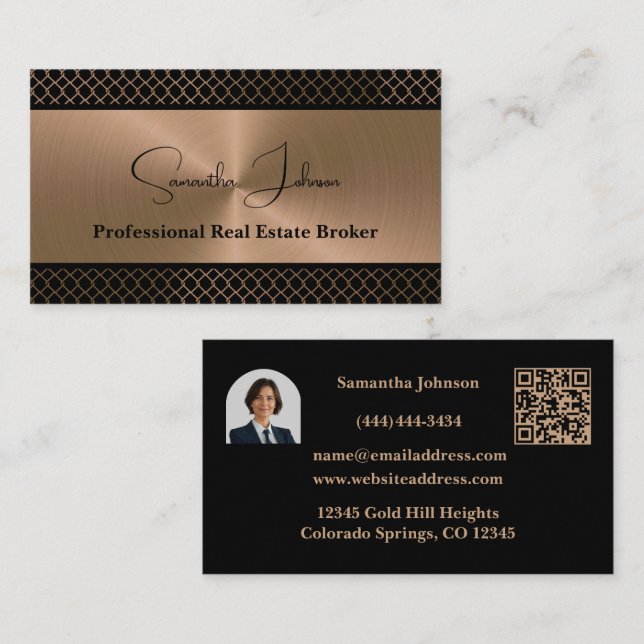 Luxury Blk Copper QR Code Real Estate  Visitenkarte (Vorne/Hinten)