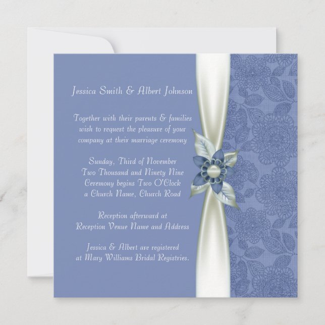 Luxury Blue Blume Ribbon Damask Hochzeitsempfang Einladung (Vorderseite)
