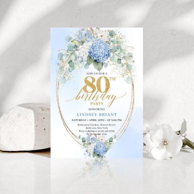 Luxury Blue Floral Eucalyptus 80th Birthday Invite Einladung (Luxury Blue Floral Eucalyptus 80th Birthday Invite)