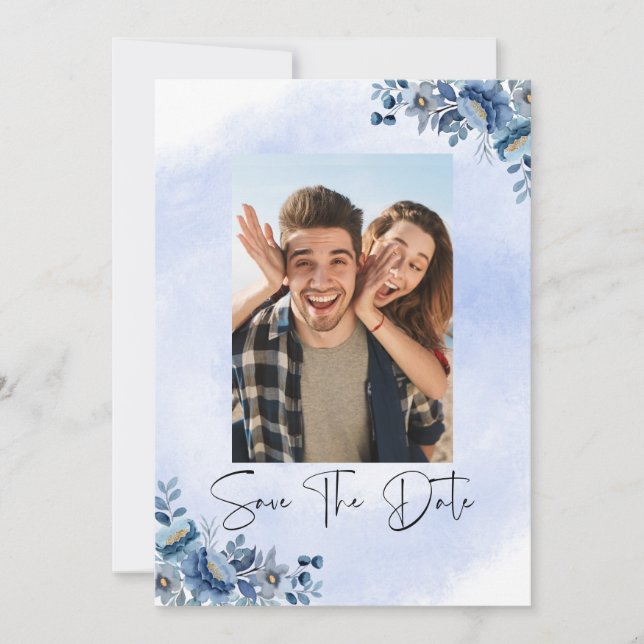 Luxury Blue Floral Wedding Save the Date Einladung (Vorderseite)
