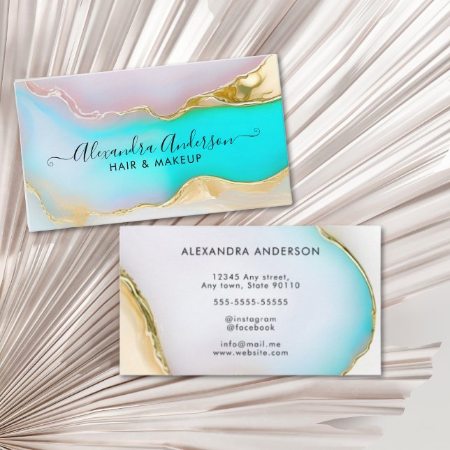Luxury Blue Gold Agate Marble Opal Script Visitenkarte (Luxury Blue Gold Agate Marble Opal Script Business Card)