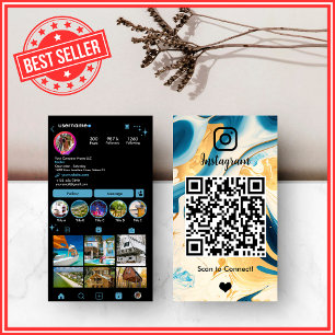 LUXURY Blue & Gold Black Instagram Marble Agate QR Visitenkarte