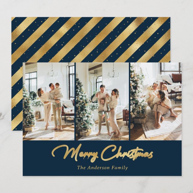 Luxury Blue Gold Foil Foto Frohe Weihnachten (Vorne/Hinten)