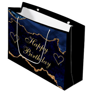 Luxury Blue & Gold Glitzer Agate Happy Birthday Große Geschenktüte