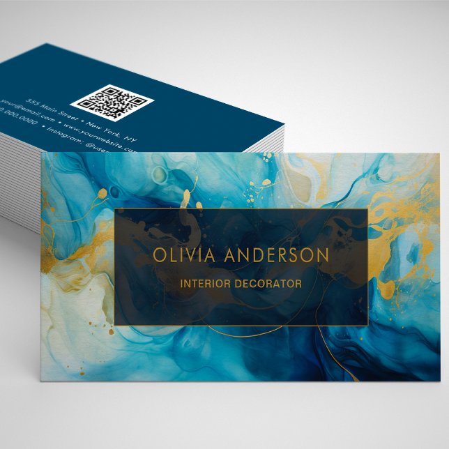 Luxury Blue Gold QR Code Mode Trendy Modern Visitenkarte (Luxury Blue Gold QR Code Fashion Trendy Modern Business Card)