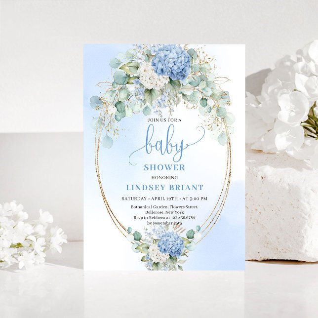 Luxury Blue Hydrangea Baby Shower Gold Invitation Einladung (Luxury Blue Hydrangea Baby Shower Gold Invitation)