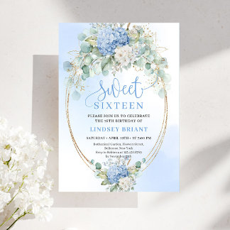 Luxury Blue Hydrangeas Sweet Sixteen Party Invite Einladung