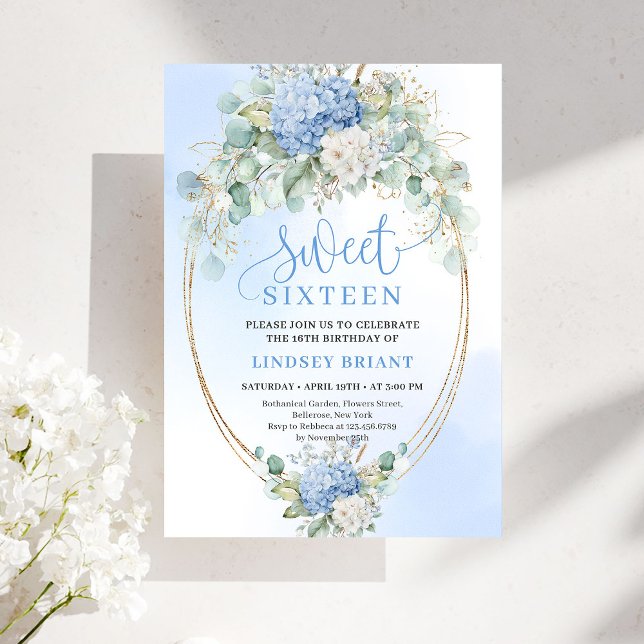 Luxury Blue Hydrangeas Sweet Sixteen Party Invite Einladung (Luxury Blue Hydrangeas Sweet Sixteen Party Invite)
