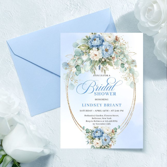 Luxury Blue Peonies Eucalyptus Gold Bridal Shower  Einladung (Luxury Blue Peonies Eucalyptus Gold Bridal Shower Invite)