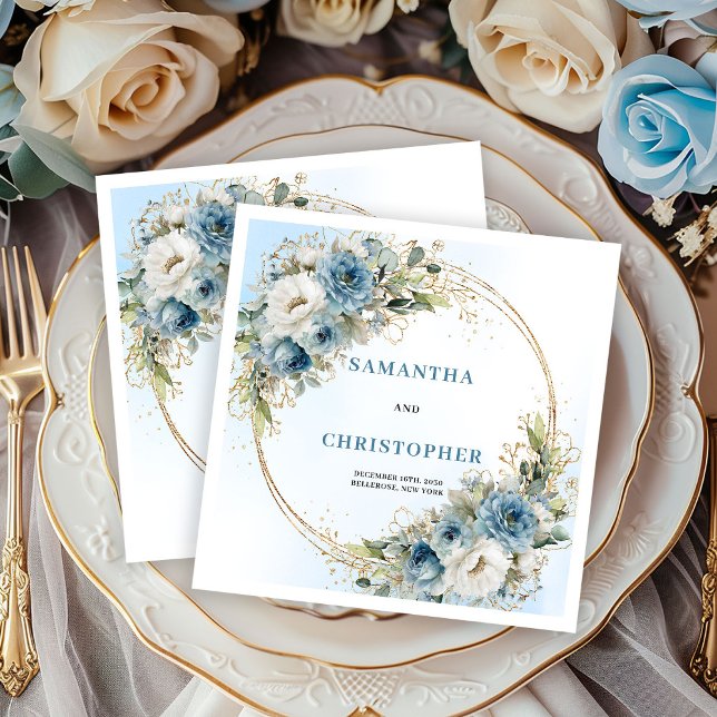 Luxury Blue Roses Gold Frame Wedding Napkins Serviette (Luxury Blue Roses Gold Frame Wedding Napkins)