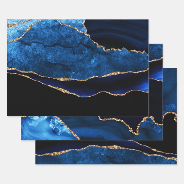 Luxury Blue und Gold Glitzer Agate Birthday Geschenkpapier Set (Set)