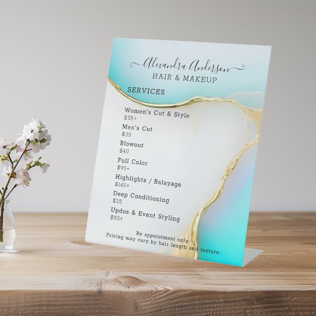 Luxury Blue White Gold Accents Preisliste Sockelschild (Luxury Blue White Gold Accents Agate Price List Pedestal Sign)