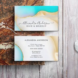 Luxury Blue White Gold Agate Marble Script Visitenkarte