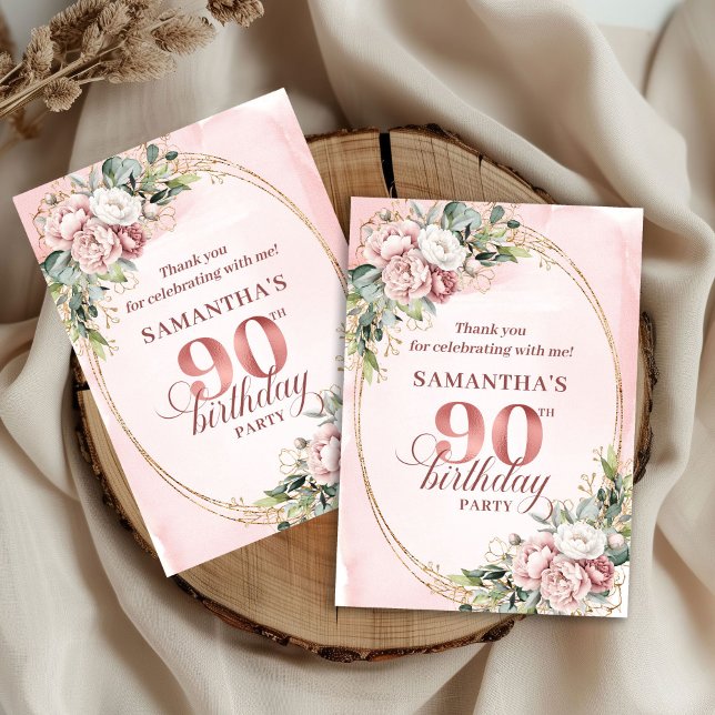 Luxury Blush Pink Gold Floral 90th Birthday Thanks Dankeskarte (Luxury Blush Pink Gold Floral 90th Birthday Thank You)