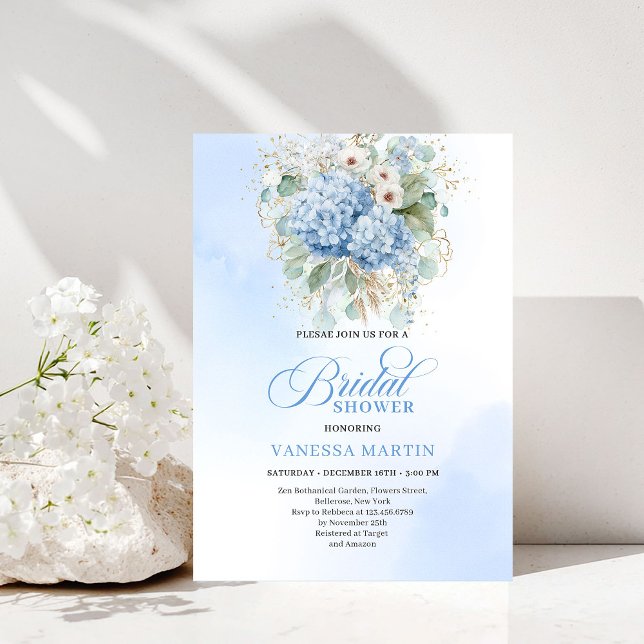 Luxury Bohemian Blue Hydrangea Bridal Shower Invit Einladung (Luxury Bohemian Blue Hydrangea Bridal Shower Invitation)