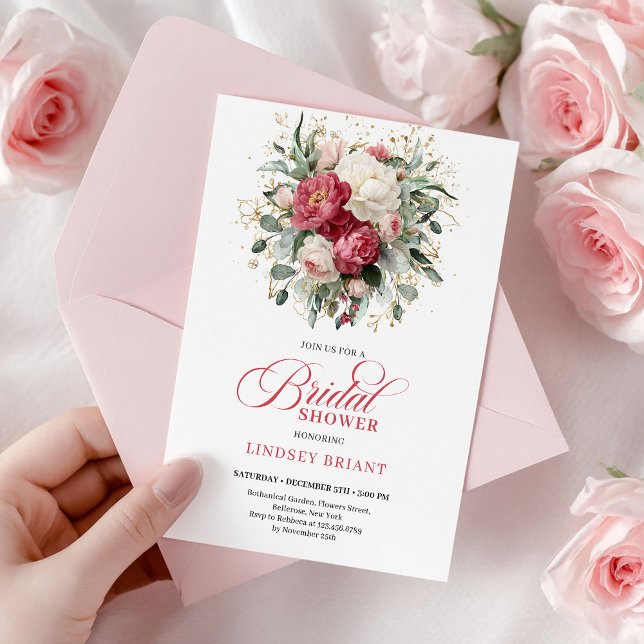 Luxury Bohemian Crimson Red White Gold Bridal Show Einladung (Luxury Bohemian Crimson Red White Gold Bridal Shower)