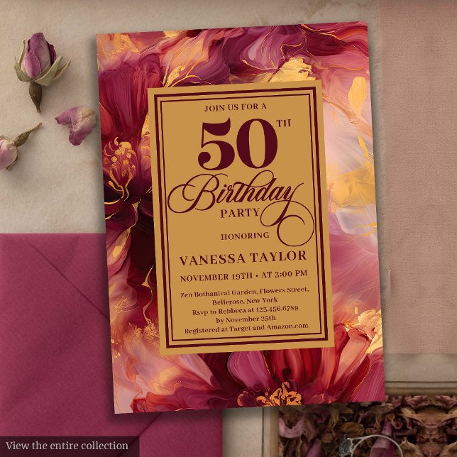 Luxury Boho Burgundy Gold Blume 50. Geburtstag Einladung (Luxury Boho Burgundy Gold Flowers 50th Birthday Invite)