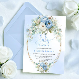 Luxury Boho Dusty Blue Greenery Gold Baby Shower Einladung