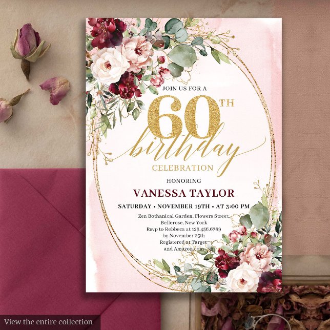 Luxury Boho Maroon Gold Floral 60th Birthday Card Einladung (Luxury Boho Maroon Gold Floral 60th Birthday)