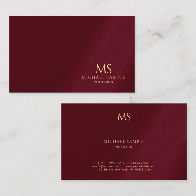Luxury Bordeaux Elegant Gold Text Monogram Visitenkarte (Vorne/Hinten)