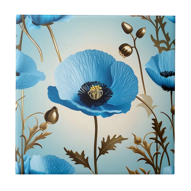 Luxury Botanical Blue Poppy Fliese (Vorderseite)