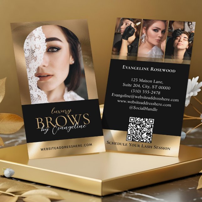 Luxury Brow Artist Salon Arch Photo Black Gold Visitenkarte (Luxury Brow Artist Salon Arch Photo Black Gold Business Card)