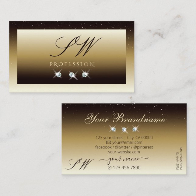 Luxury Brown Beige Ombre Sparkle Diamonds Monogram Visitenkarte (Vorne/Hinten)