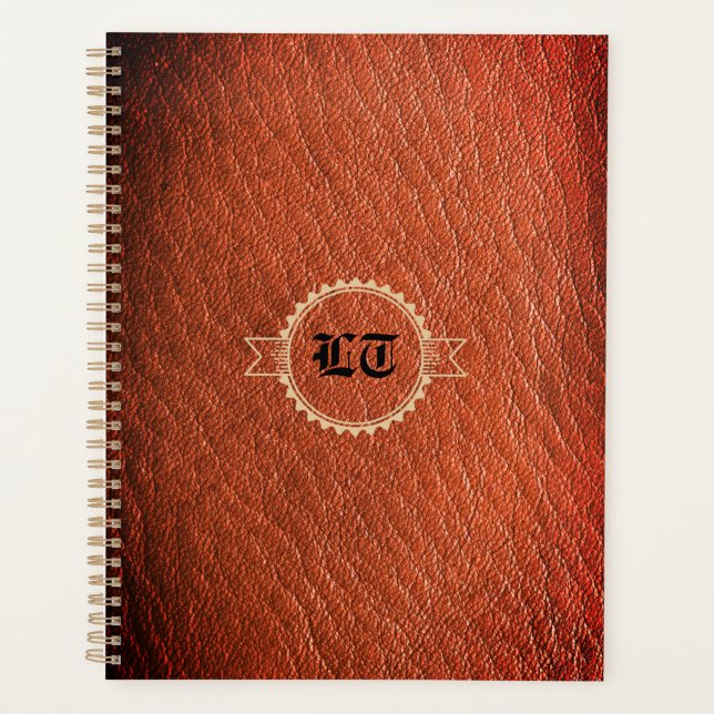Luxury Brown Leather Look Monogram English Initial Planer (Vorderseite)