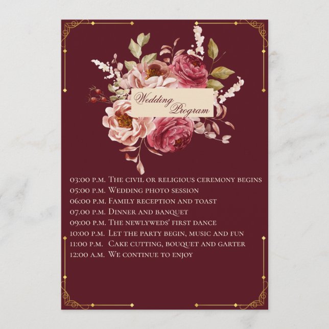Luxury Burgundy and Gold Floral Wedding Program Programm (Vorderseite)