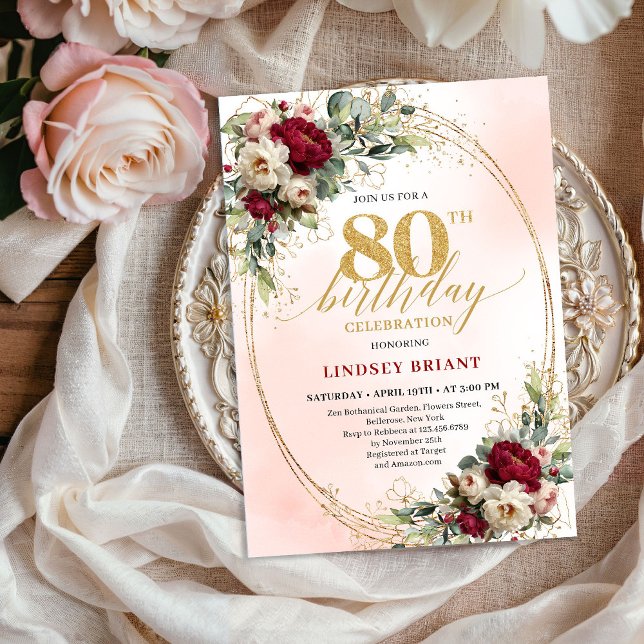 Luxury Burgundy Bohemian Floral 80th Birthday  Einladung (Luxury Burgundy Bohemian Floral 80th Birthday Invite)